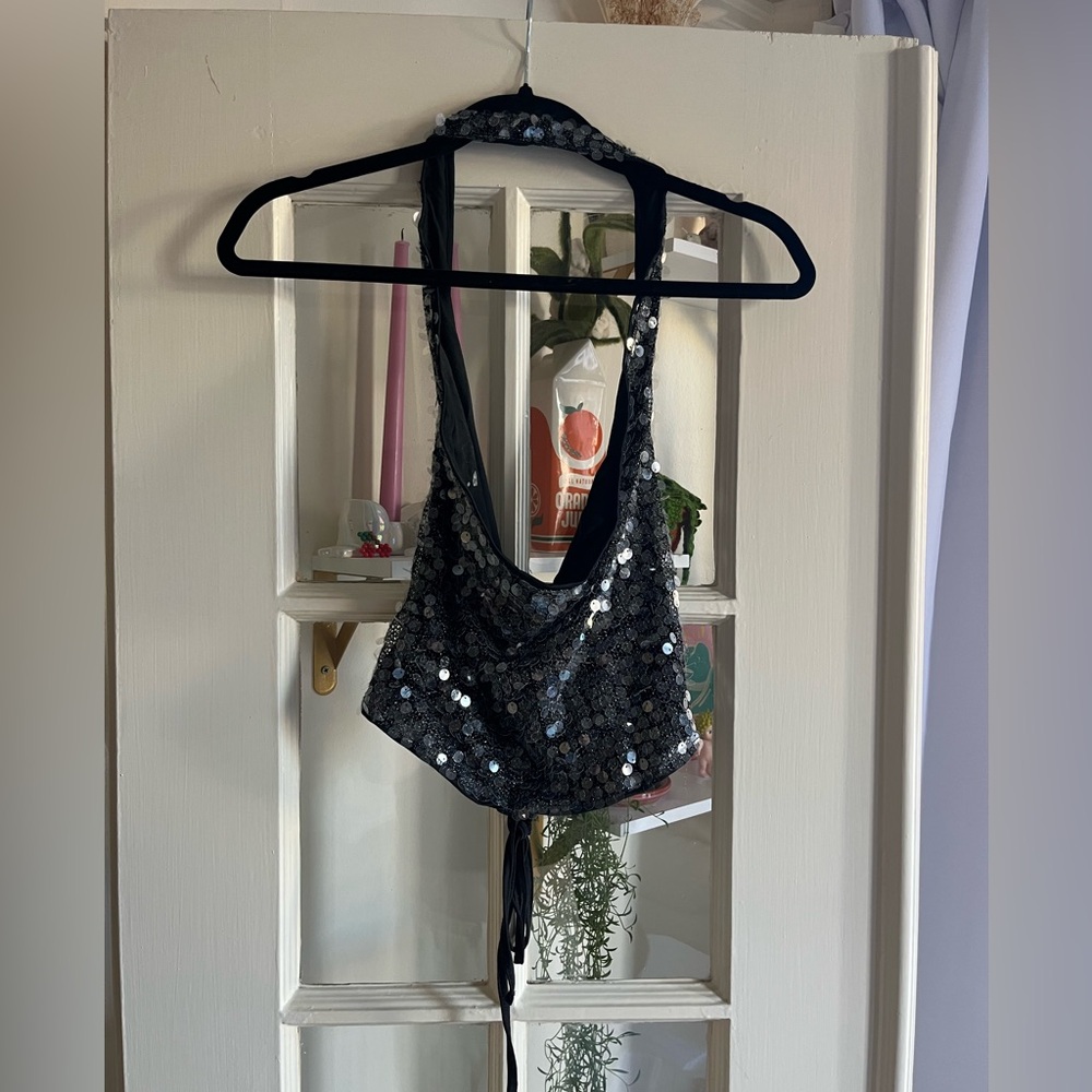Black Sequin Halter Crop Top